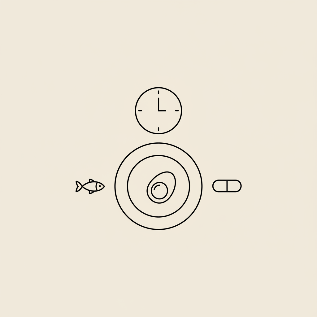 Tonum-style vector line illustration of plate with halved boiled egg, small fish, capsule and clock showing an eating window on beige background — how to reset metabolism
