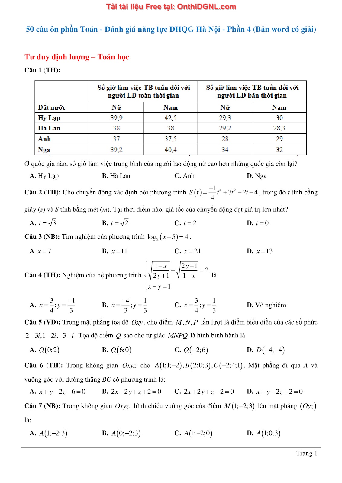 1300 bài tập môn Toán - Ôn thi ĐGNL ĐHQG Hà Nội Phần 4
