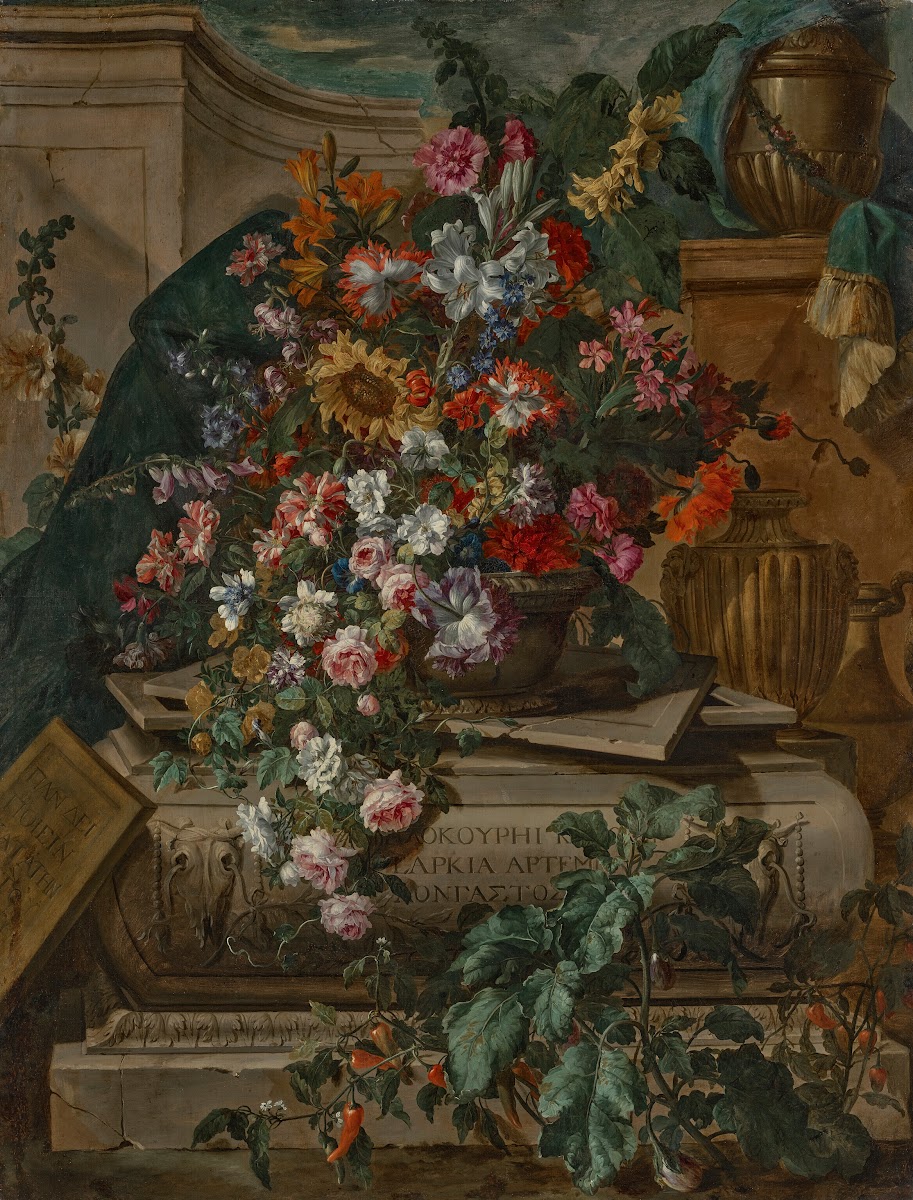 Flowers in an urn on a sarcophagus