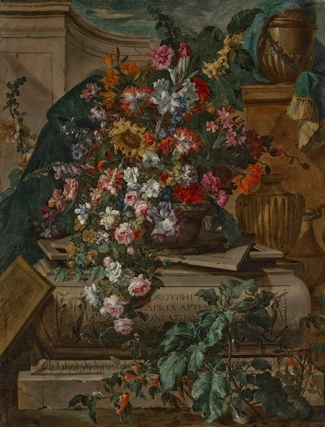 Flowers in an urn on a sarcophagus