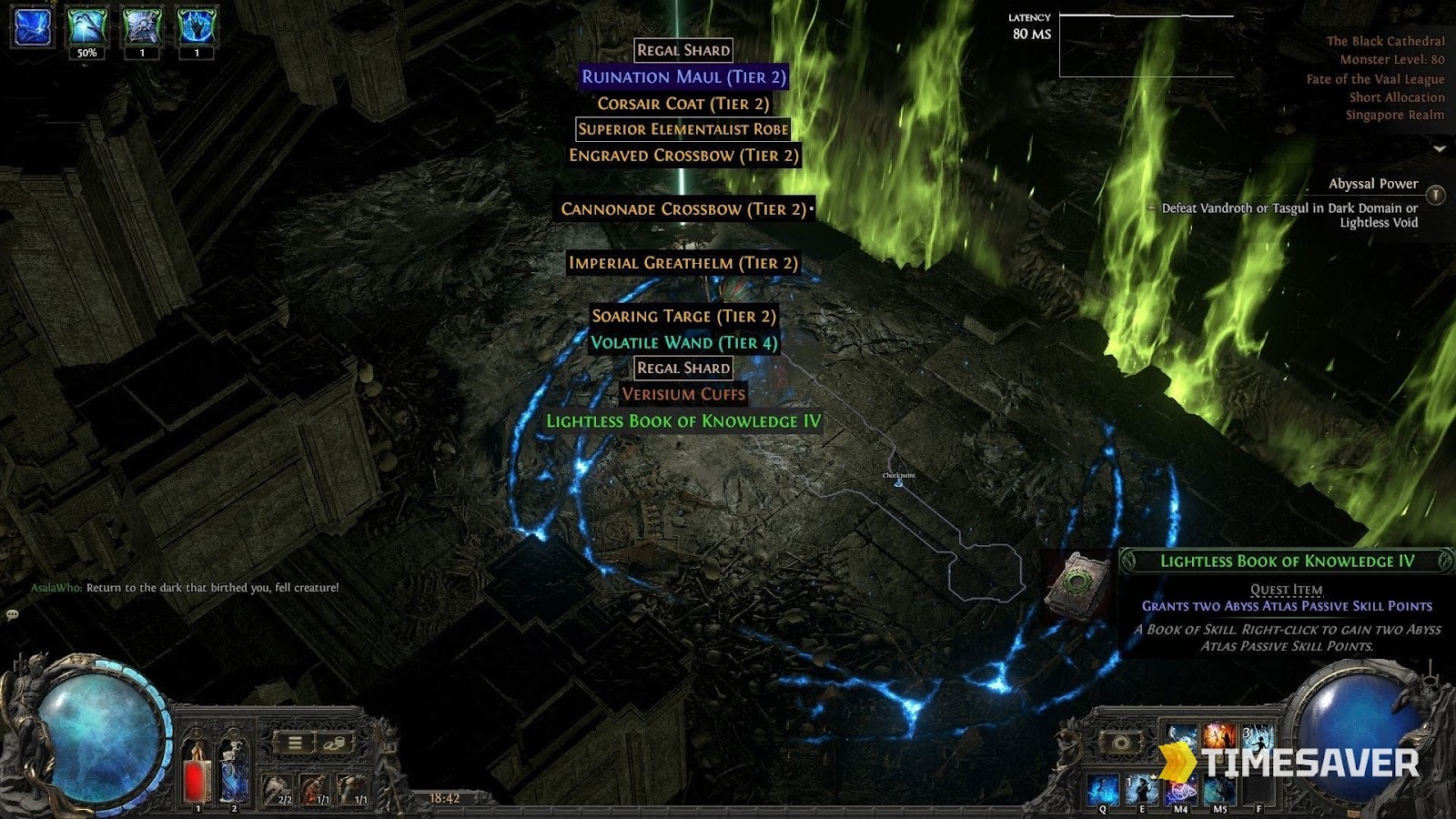 Path of Exile 2 Abyss loot dropping in the Dark Domain / Lightless Void, deep in the Abyssal Depths