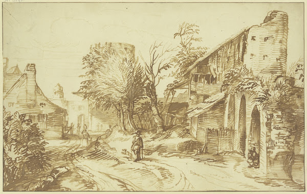 Dorfansicht rechts eine alte Stadtmauer