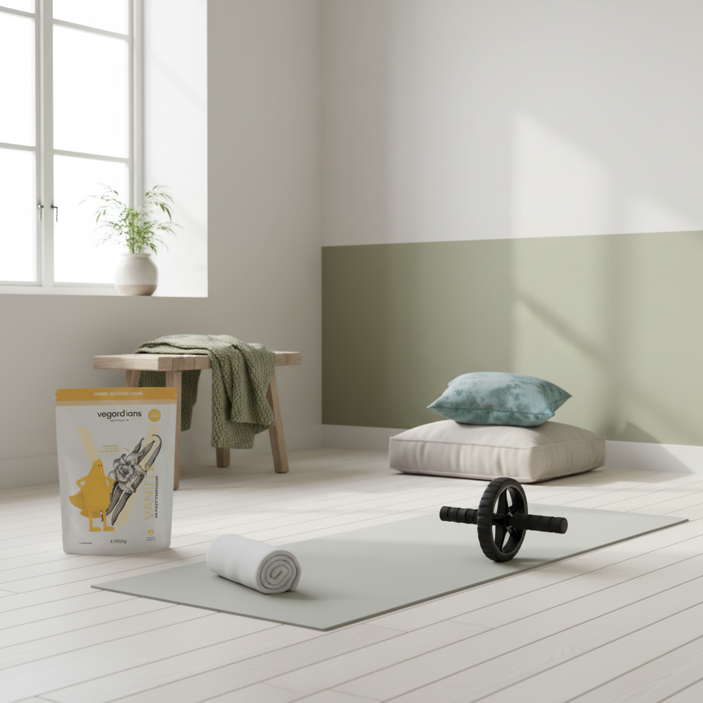 Minimalistische Heimtrainingsszene ohne Personen mit Yogamatte, Ab Wheel und Handtuchrolle neben Fenster im skandinavischen Stil – Welche Übung ist am effektivsten für den Bauchmuskel