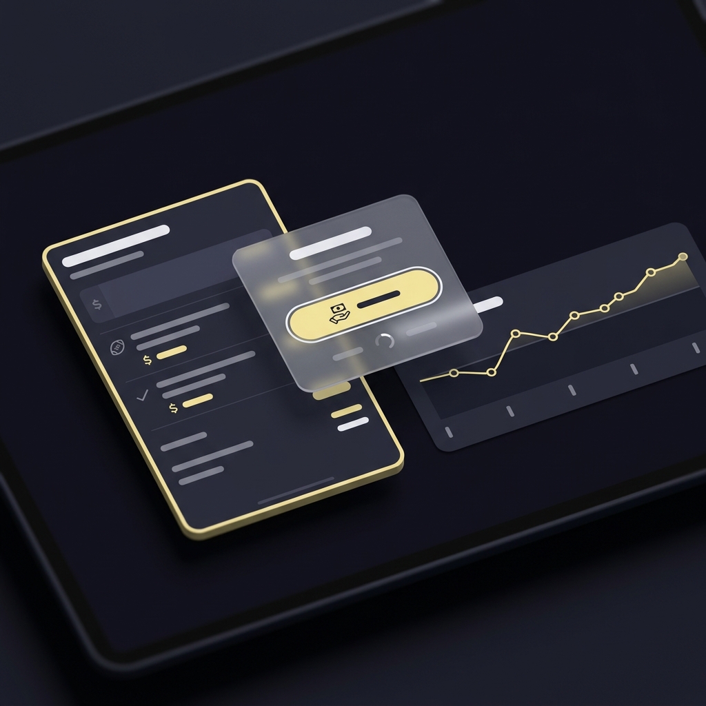 Minimalist full frame composition of a bet slip app showing a floating bet slip card partial cash out popup and an in play timeline in Funded Plays dark color palette