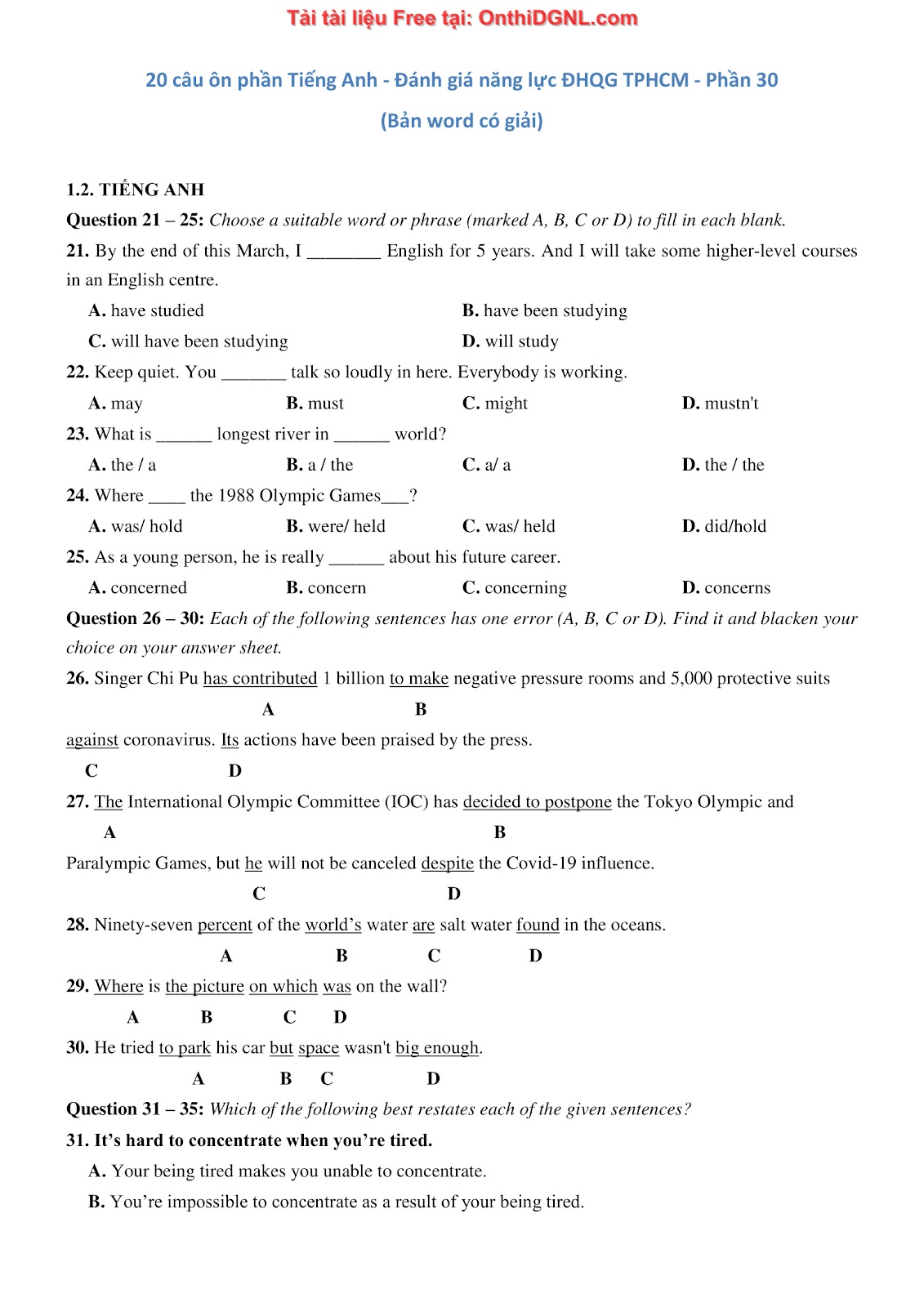800 bài tập môn Tiếng Anh - Ôn thi ĐGNL ĐHQG TP HCM Phần 30