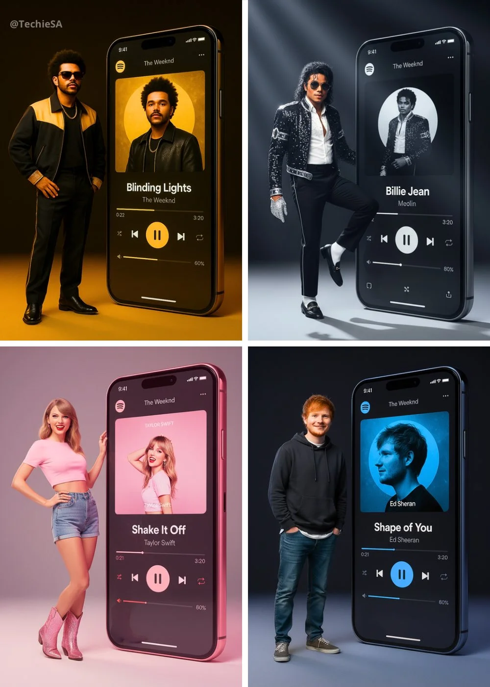 Retrato de cuerpo entero de un artista junto a un teléfono inteligente gigante de Spotify.