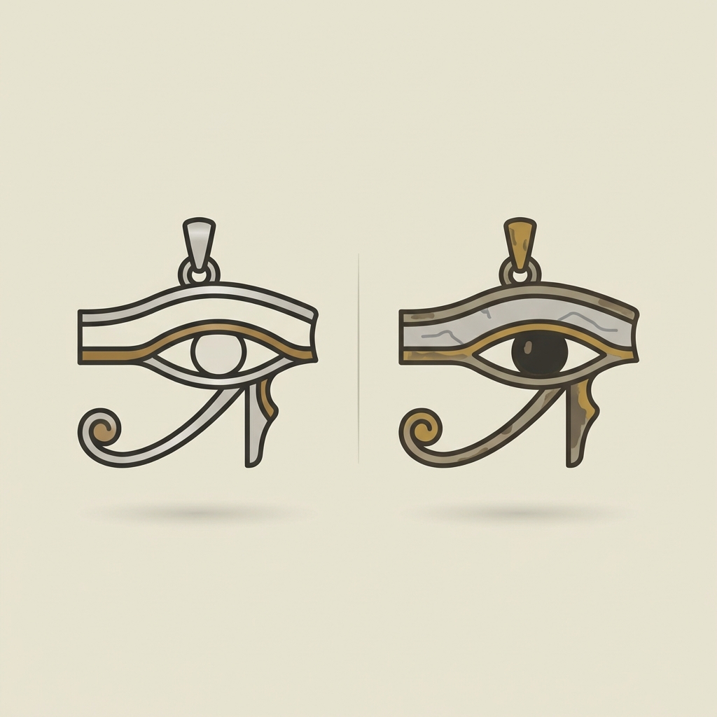 Minimalist vector comparison of a modern eye of horus jewelry pendant and an ancient museum example side by side on a neutral beige background