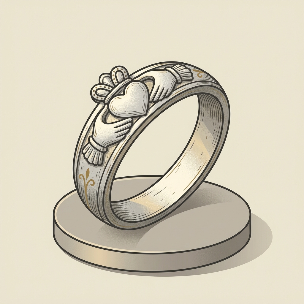 Minimalist 2D vector close up of an ancient claddagh ring showing carved heart and crown motif on weathered silver placed on a small pedestal against a light beige background ede7da