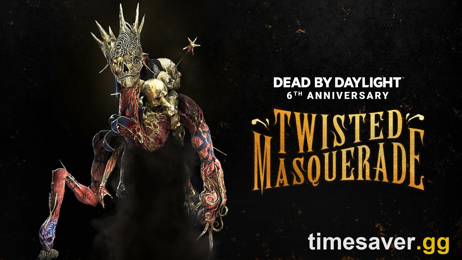 Dead by Daylight 6th Anniversary Twisted Masquerade promotional art featuring The Dredge in a gilded masquerade outfit