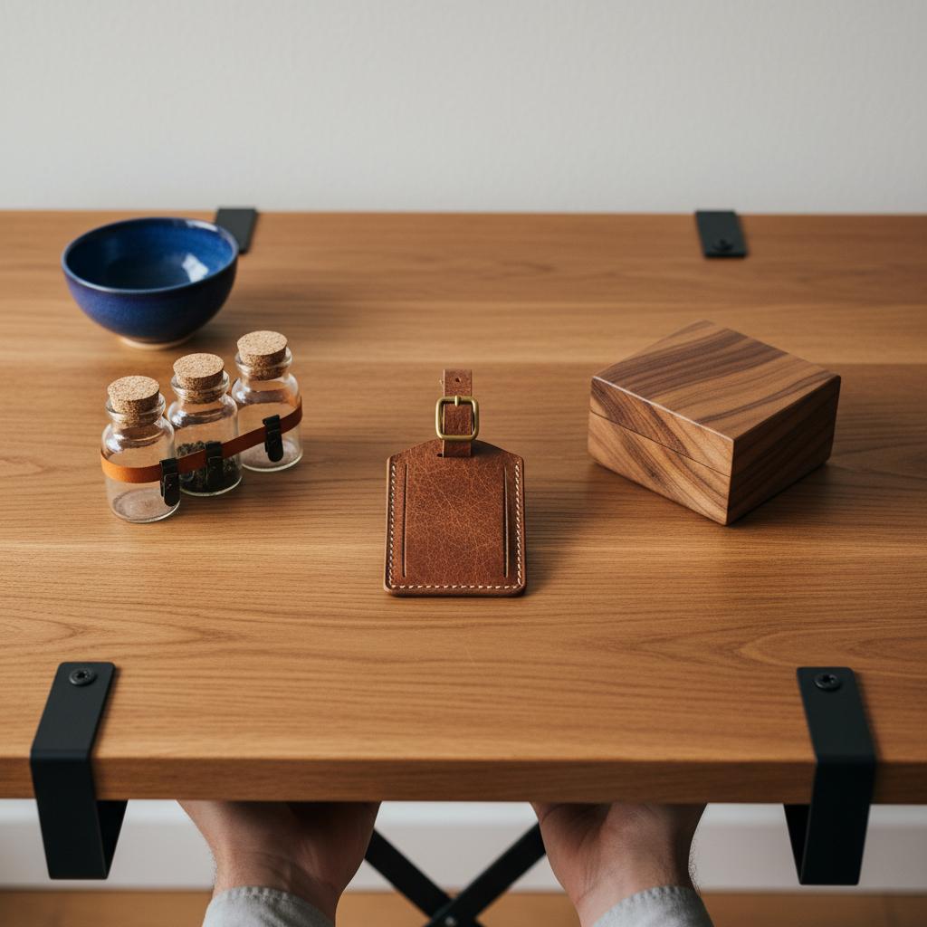 Nahaufnahme von DIY-Geschenken auf Esstisch mit Lederanhänger, Holzbox und Gewürzgläsern im warmen Licht – diy geschenk vater, minimalistisches, industriell-echtes Interieur
