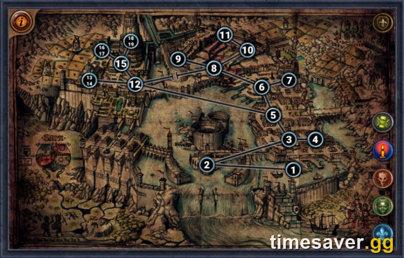 The Path of Exile Act 3 city map of Sarn, where the Labyrinth and Mercenaries unlock during leveling