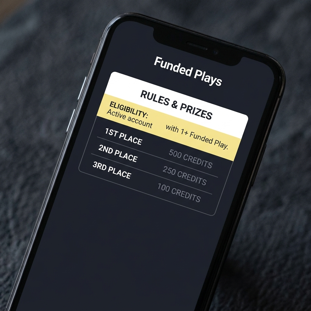Close up smartphone screen showing highlighted rule section with eligibility criteria and prize table for How to Read Sports Trading Challenge Rules Before You Begin in Funded Plays brand colors