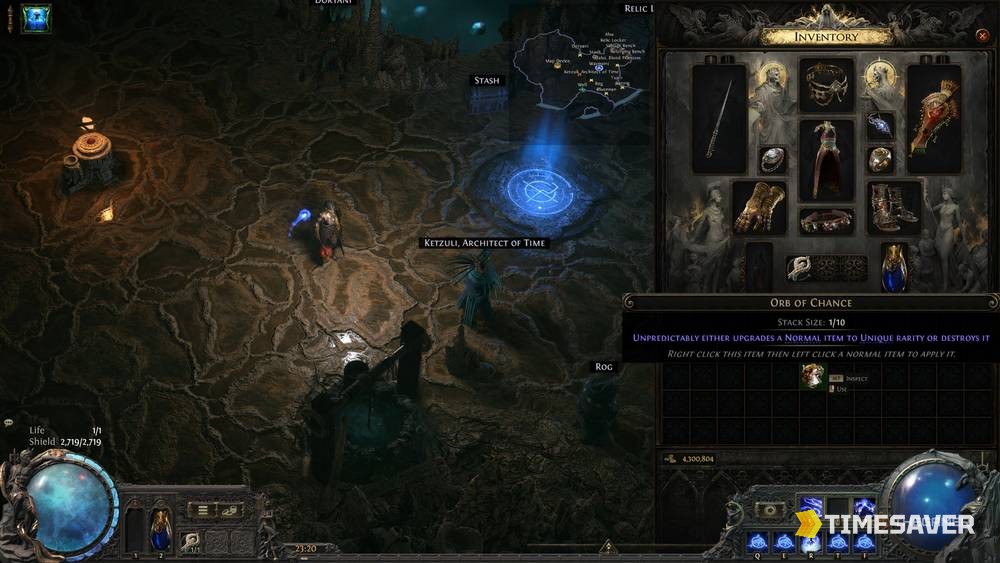 The in-game Orb of Chance tooltip in PoE2 — "Unpredictably either upgrades a Normal item to Unique rarity or destroys it."