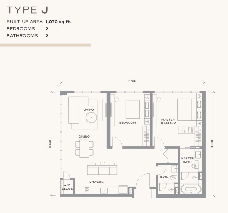 Khaya Residence Type J floor plan — 1215 sq ft, 3 bedrooms