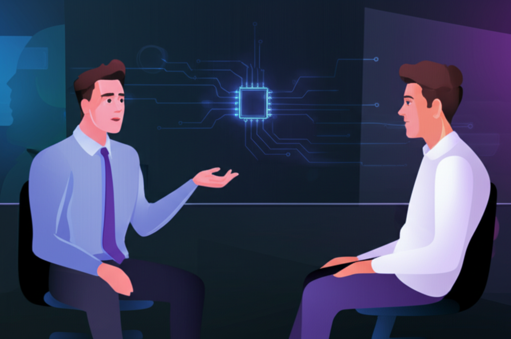 미래 도시에서 AI와 함께 일하는 사람들의 모습을 추상적으로 표현한 이미지