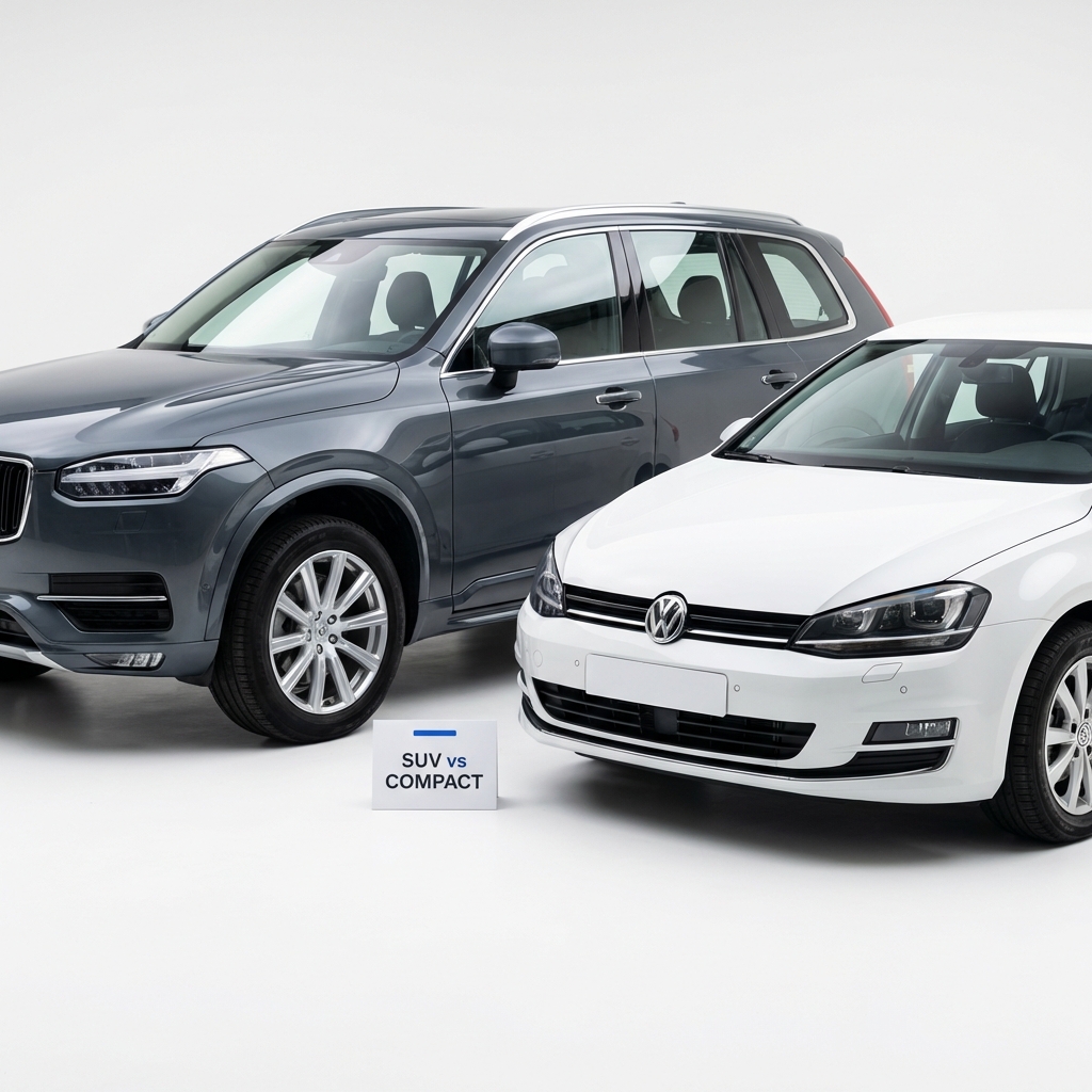 Close view of an SUV and a compact car side by side on white background showing segment differences and a small blue price analysis tag for new car sales
