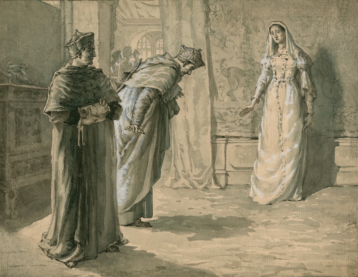 Scene from King Henry VIII 1 with Queen Katherine Cardinal Wolsey and Cardinal C