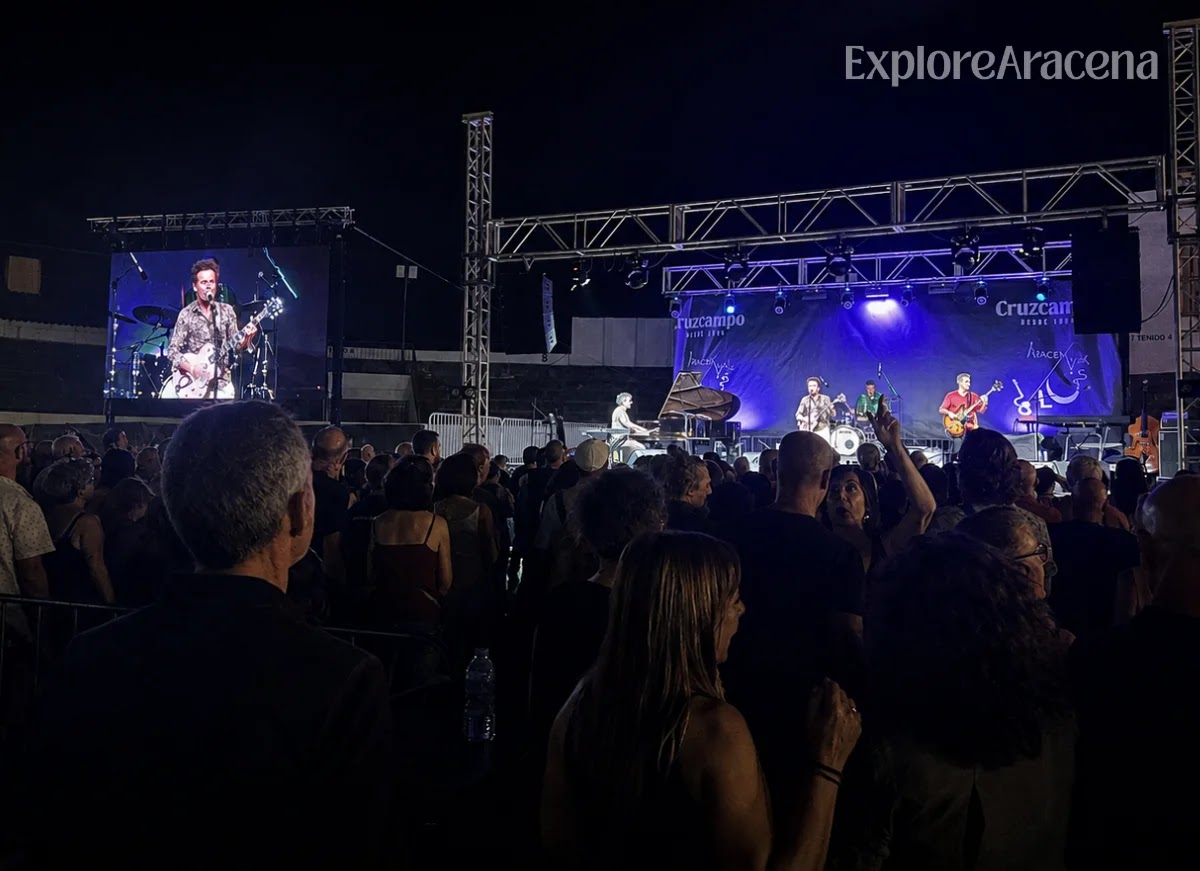 Festival crowd watching the illuminated Aracena Blues stage at night inside the Plaza de Toros.
