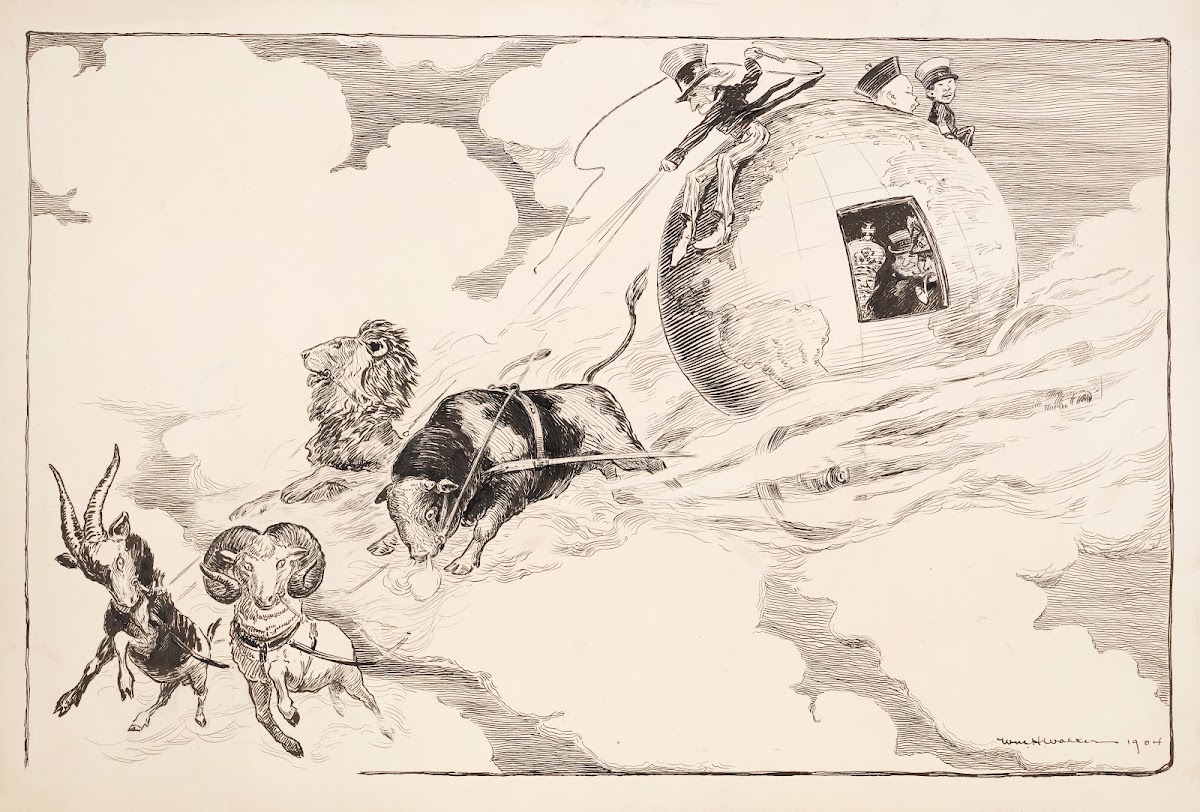 Uncle Sam drives a carriage made of the globe 1905
