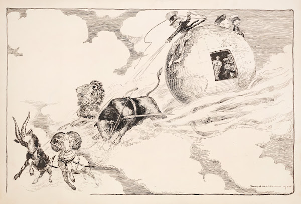 Uncle Sam drives a carriage made of the globe 1905