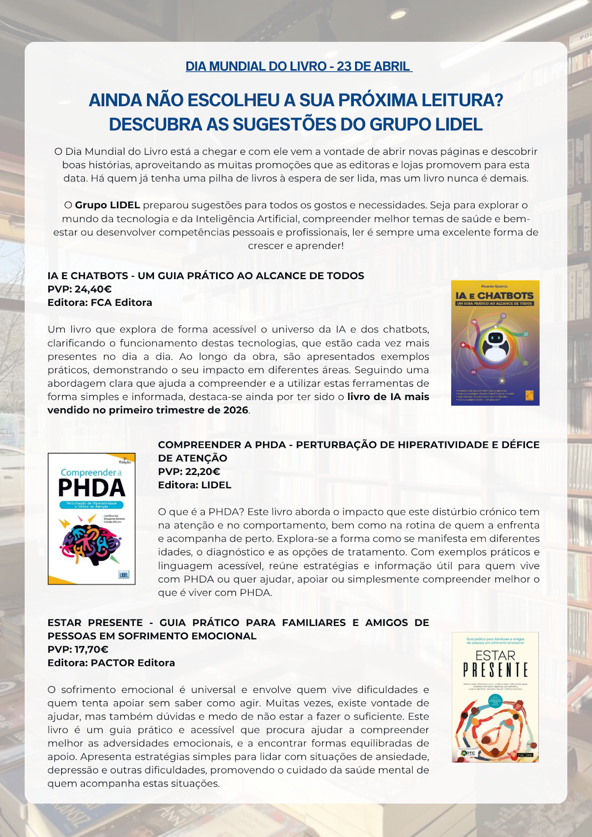 Dia Mundial do Livro: as sugestões do Grupo LIDEL para a sua próxima leitura