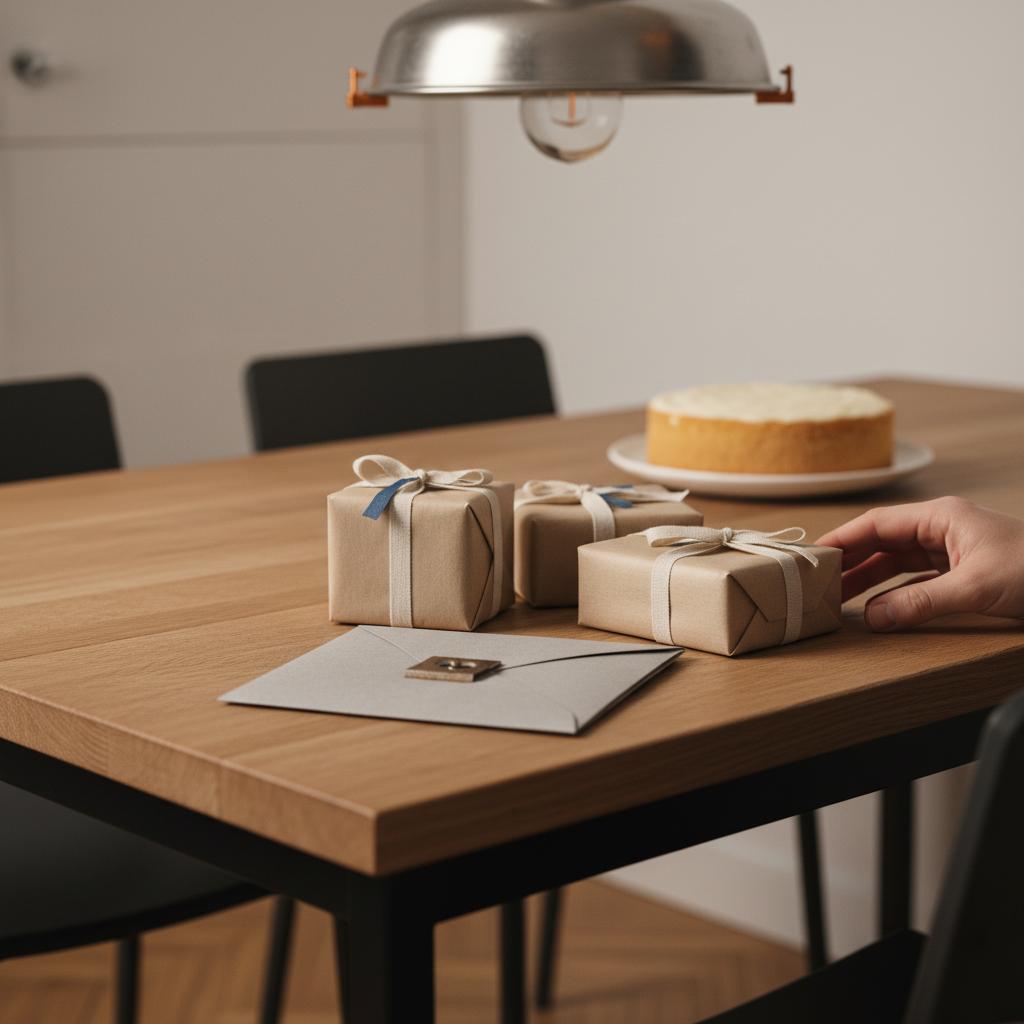 Nahaufnahme Esstisch mit kleinen Geschenken und Vanillekuchen – Idee was schenkt man jemandem der vater geworden ist in warmer, minimalistischer Industrial-Ästhetik