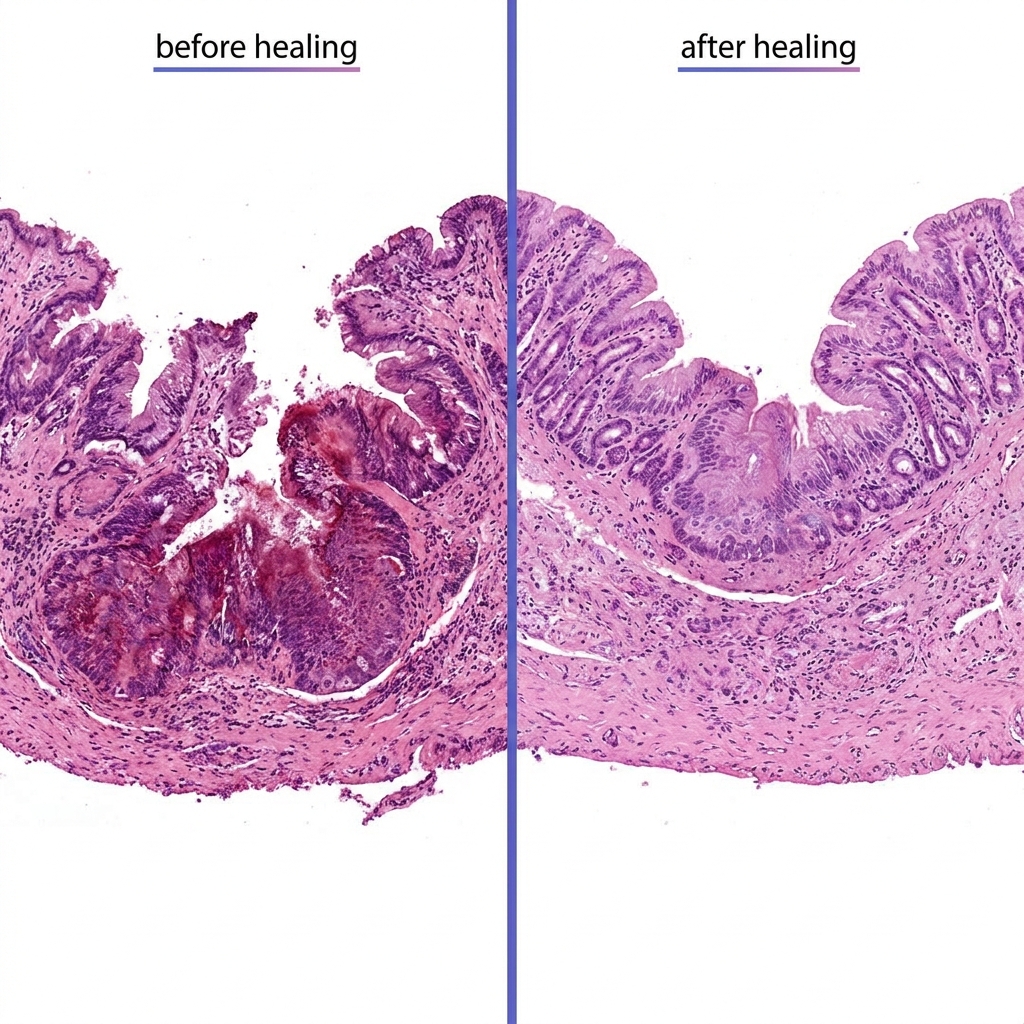 Full frame composite of rodent stomach tissue before and after lesion healing for bpc 157 peptide study showing ulcer reduction and regenerated mucosa side by side