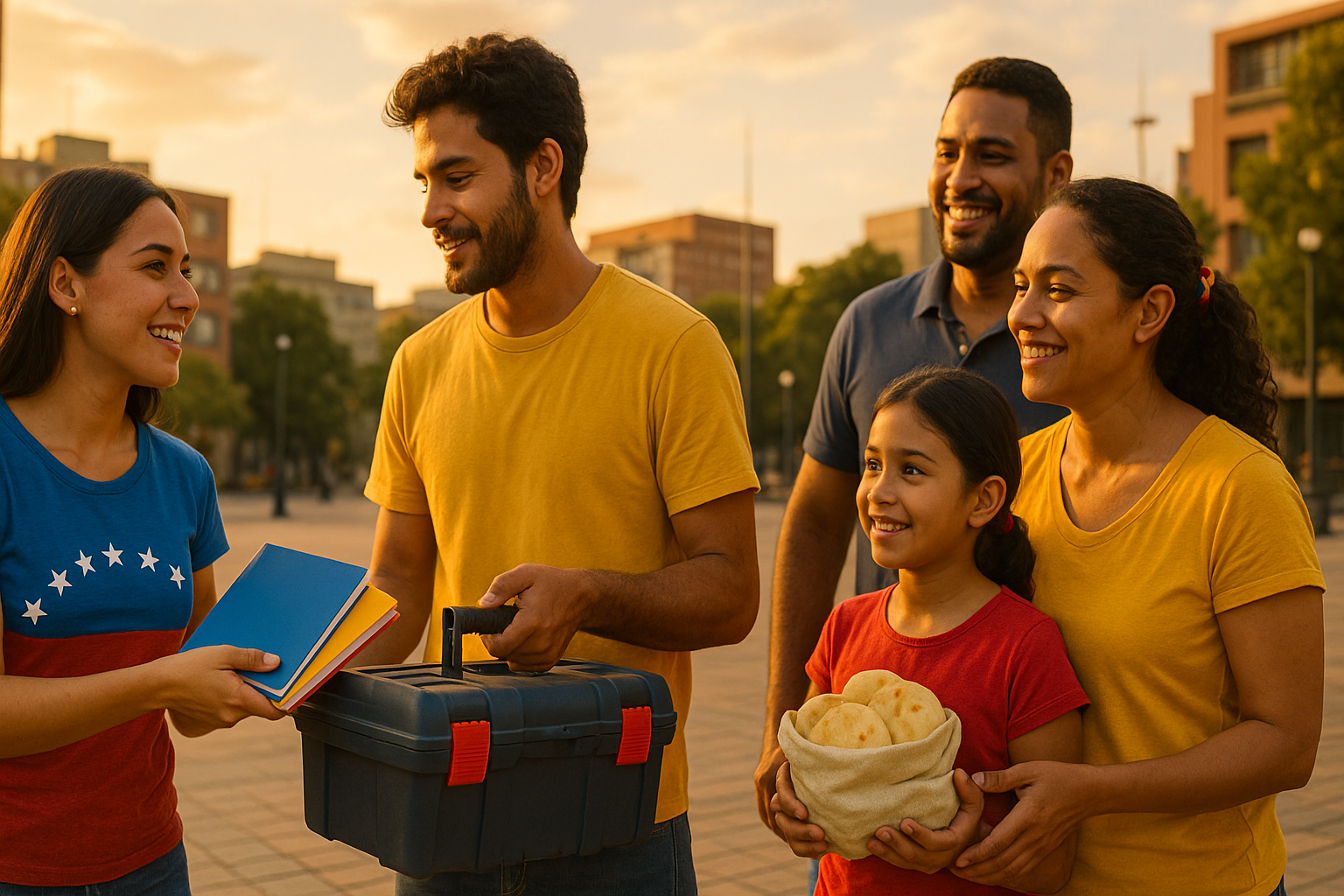 Venezolanos en una plaza urbana intercambiando ayuda y sonrisas