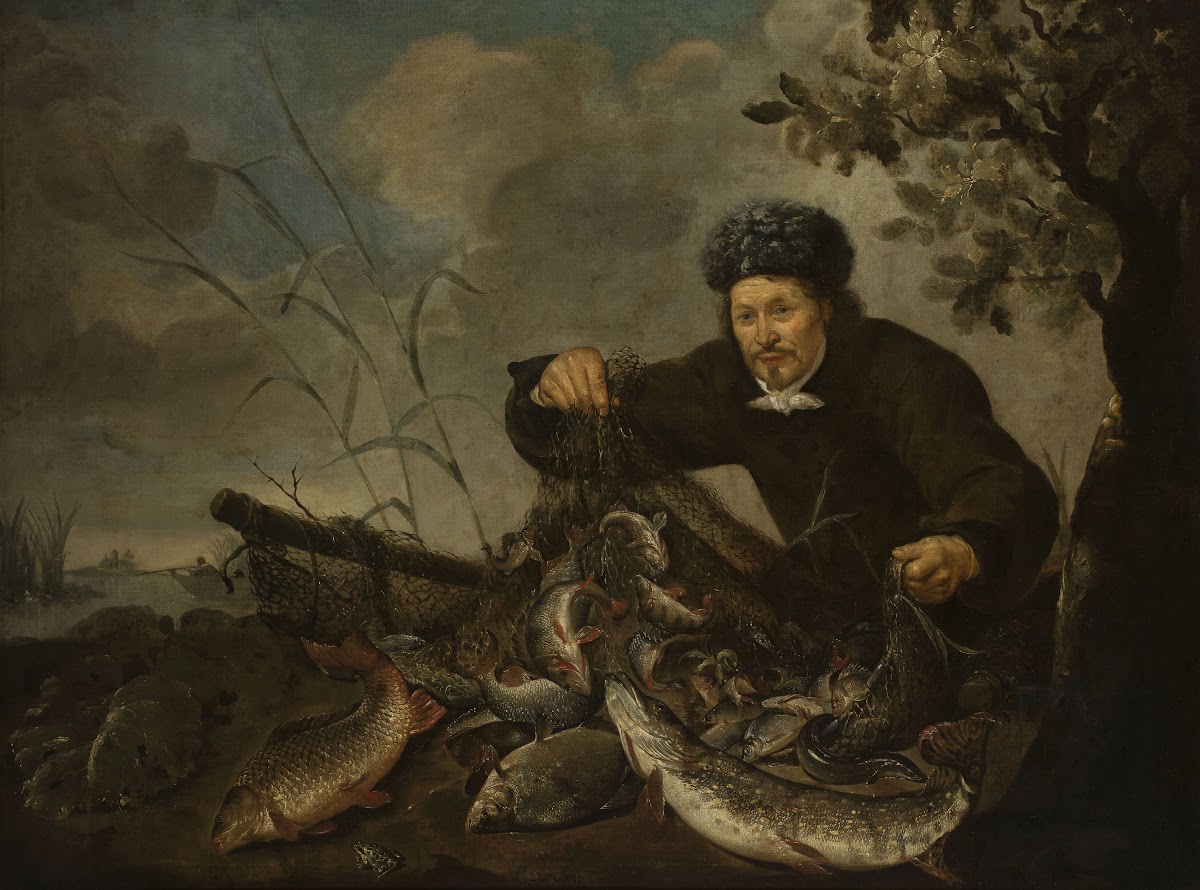 Fisherman with fish in the net 1631