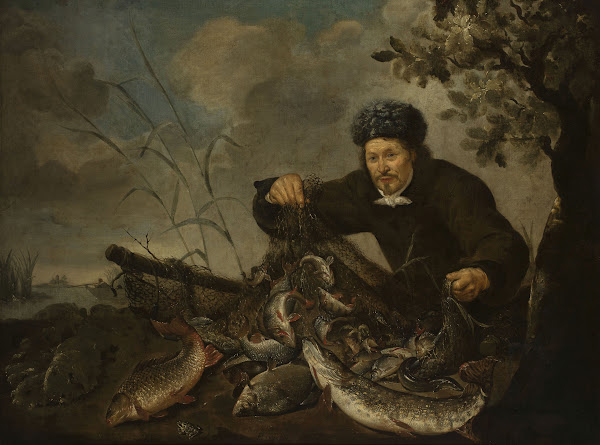 Fisherman with fish in the net 1631