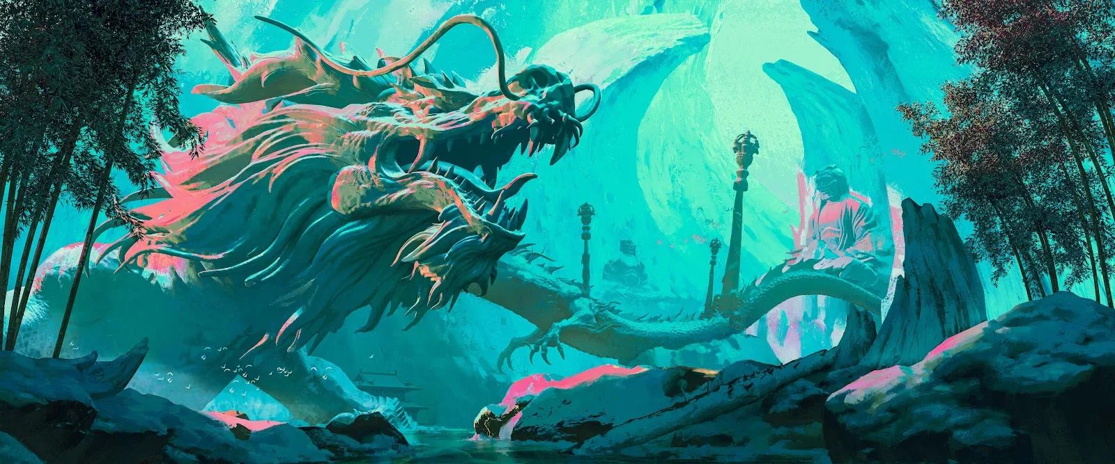 Ancient Dragon Statue In Teal Forest - Digital Fantasy Art 5K Wallpaper (7680x3200)