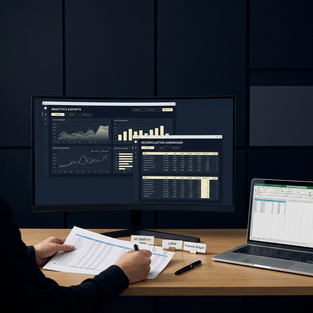 How to Track Return on Investment analyst reconciling spreadsheets and analytics exports from ad platform CRM and finance ledger on monitor and desk in a minimalist Funded Plays branded scene