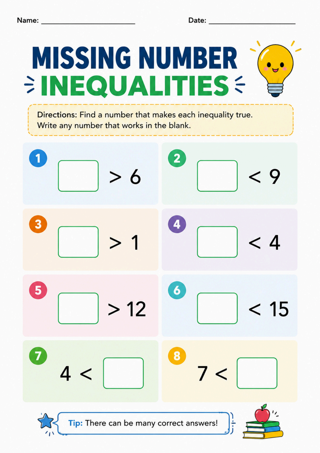 Missing Number Inequalities Worksheet