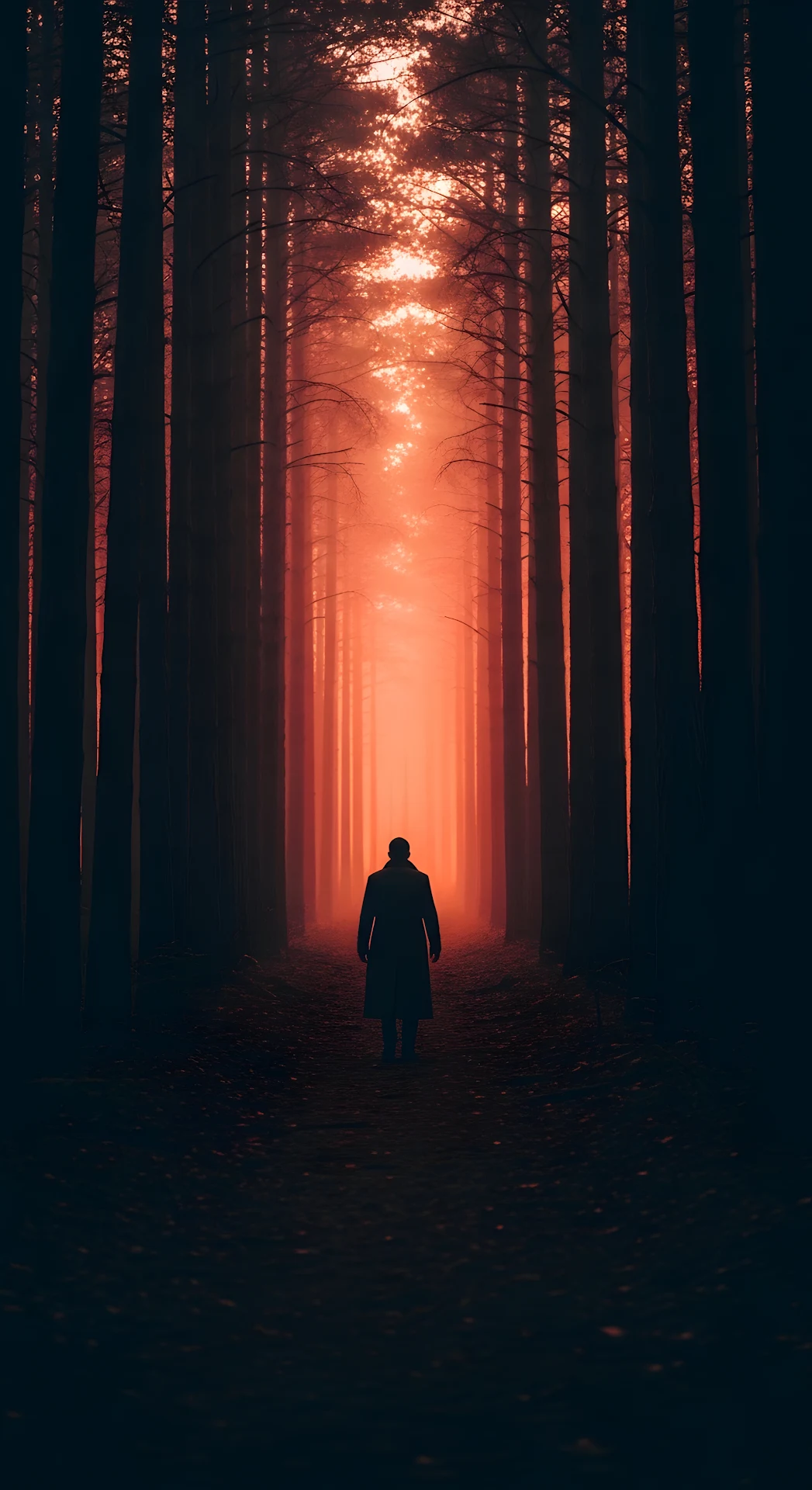 Solitary Figure Walking Toward a Vertical Column of Red Light Deep in a Dark Forest - Free 4K mobile Wallpaper