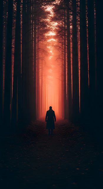 Solitary Figure Walking Toward a Vertical Column of Red Light Deep in a Dark Forest - Free mobile Wallpaper