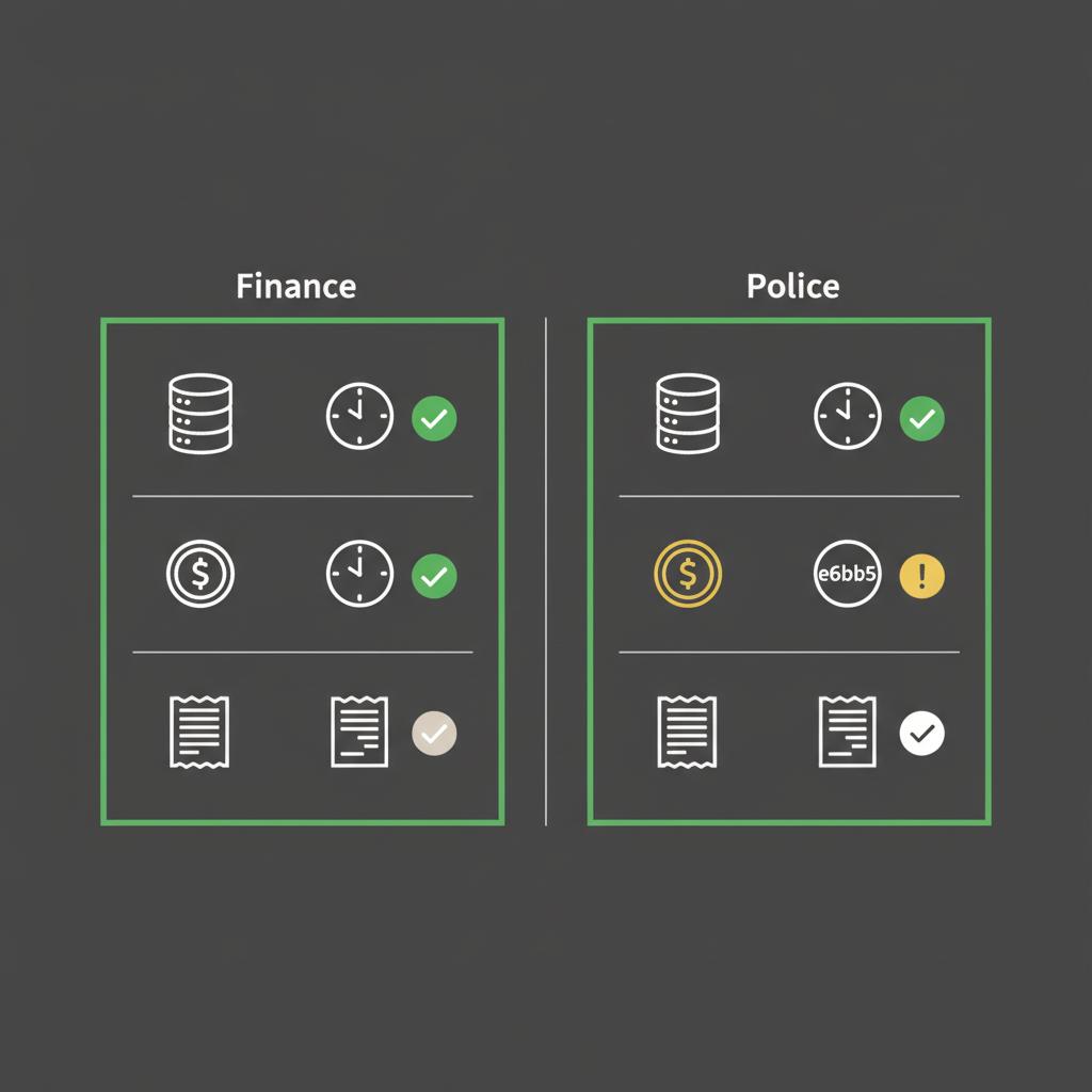 Minimalist 2D vector side by side comparison of checklist icons for data sources timestamps fees taxes with green checks and gold accents for a crypto index fund