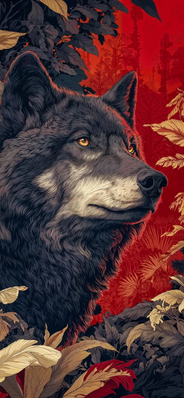 Black Wolf In Red Forest - Digital Illustration Full HD iPhone Wallpaper (1185x2567)