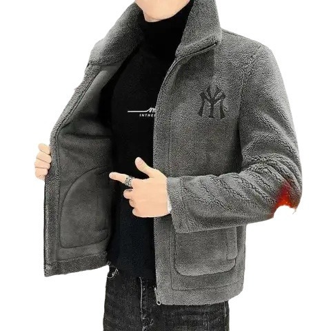 Men's jacket with faux shearling, lined, stand-up collar