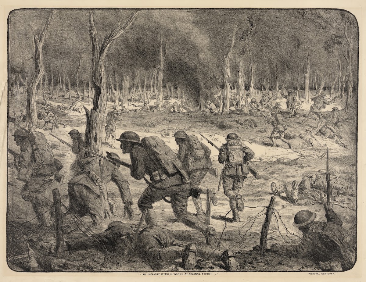 An infantry attack in woods at Argonne front 1927