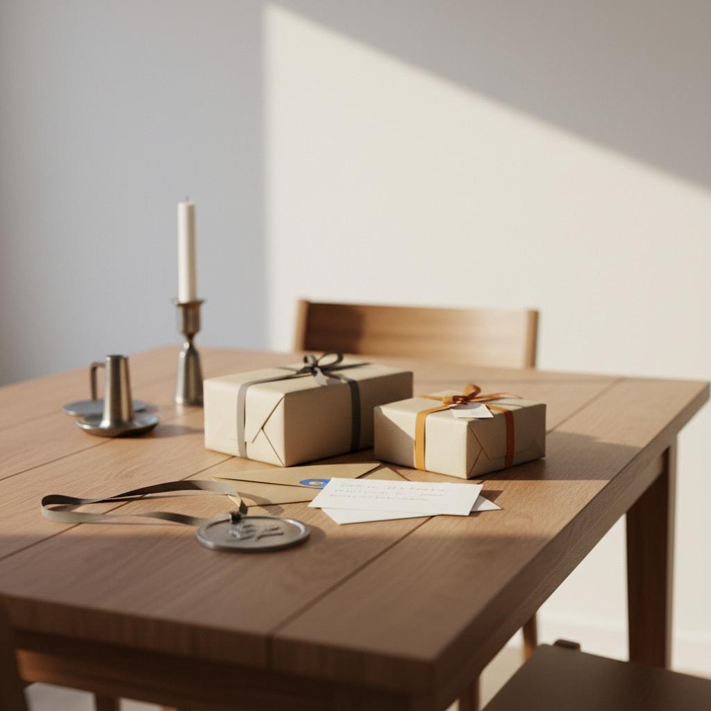 Nahaufnahme von Geschenke zur Firmung auf einem Esstisch mit Metallanhänger, Umschlag und unscharfer handgeschriebener Karte in warmem, industriellem Ambiente.