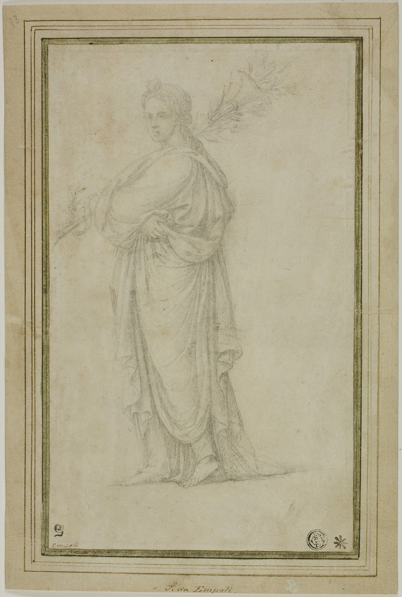 Standing Draped Female Figure Carrying Trumpet Flowers