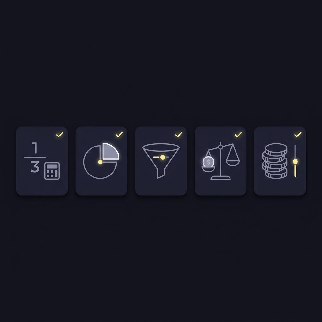 Minimal 2D vector pre bet checklist with five icon cards for converting odds estimating probability adjusting margin confirming EV and sizing stake on dark background darkhorseodds