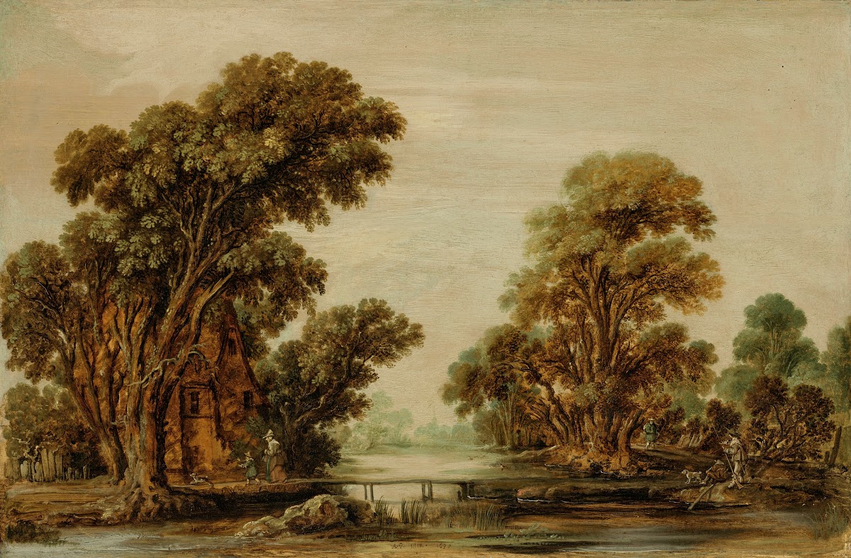 A wooded river landscape with figures and a cottage near a footbridge 1635