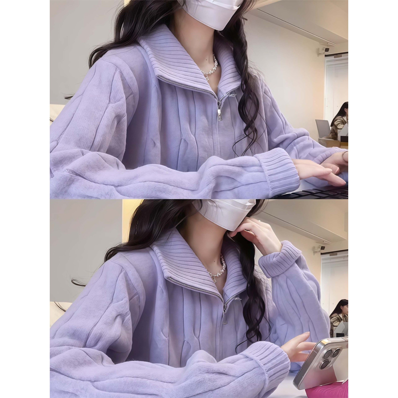 Women's knit sweater with zipper and stand-up collar