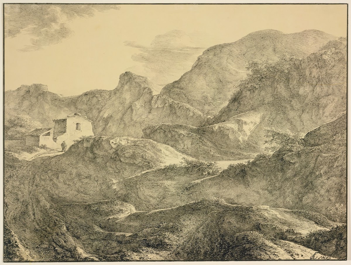 Gebirgslandschaft links ein Haus mit einem Wanderer davor 1832
