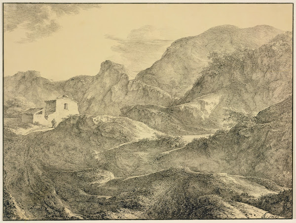 Gebirgslandschaft links ein Haus mit einem Wanderer davor 1832