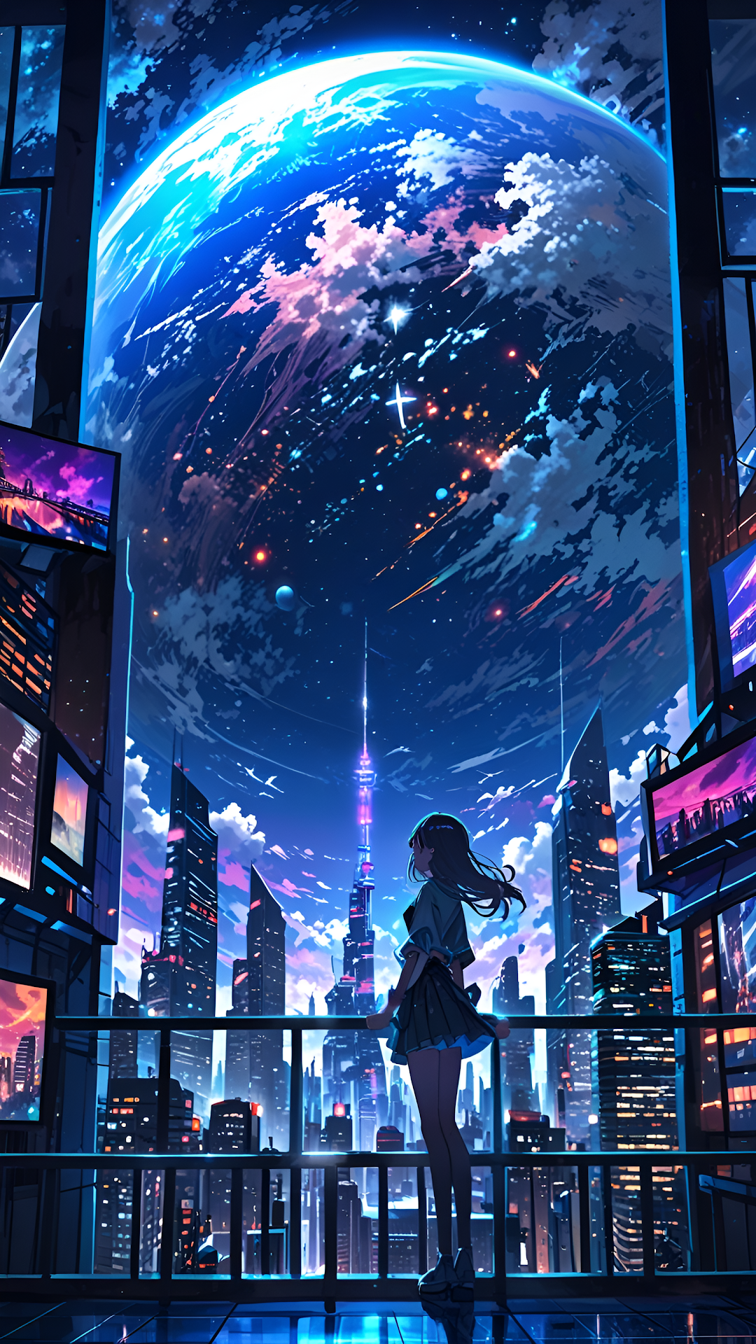 Girl Gazing at Giant Earth from Neon Cyberpunk Balcony - Free 4K mobile Wallpaper