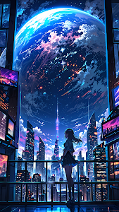 Girl Gazing at Giant Earth from Neon Cyberpunk Balcony