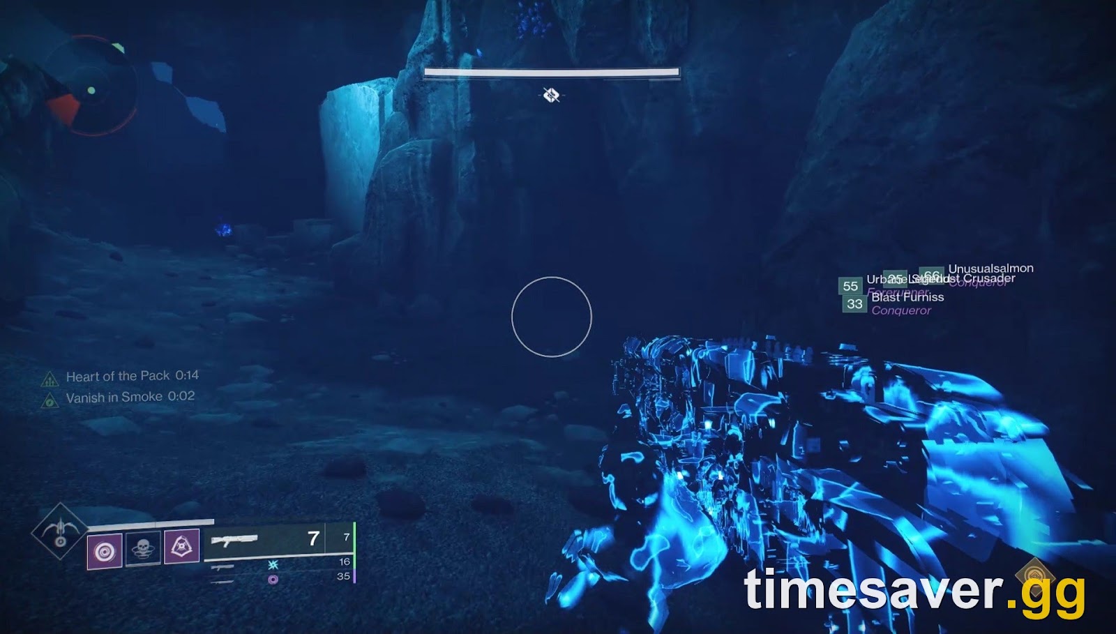 First-person Vault of Glass gameplay inside the raid, holding a weapon with buff timers on screen