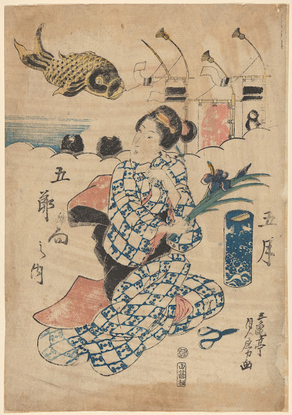 Woman Holding Iris Seashore Large Fish In Background Ca 18201840